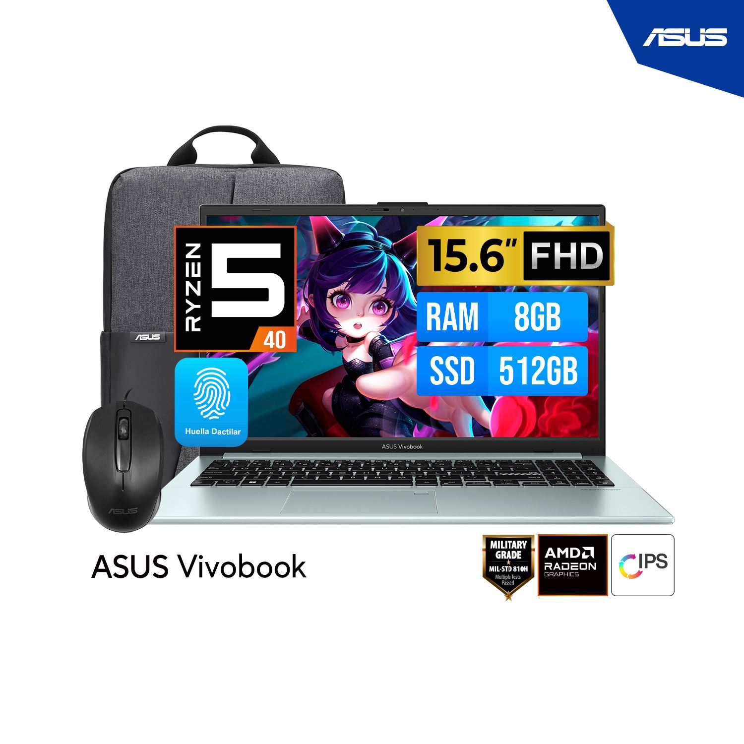 LAPTOP ASUS VIVOBOOK Go 15 E1504FA-BQ5556 15.6 FHD IPS AMD Ryzen 5 40 4.3G 8GB 512G SSD Mochila + Mouse FreeDOS